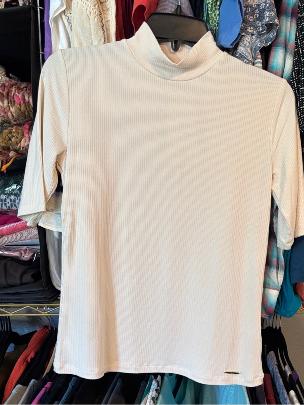 🦋3/$75🦋 Elie Tahari NWT Cream Ribbed Mock-Turtle Neck Short Sleeve Top/Tee/Shell